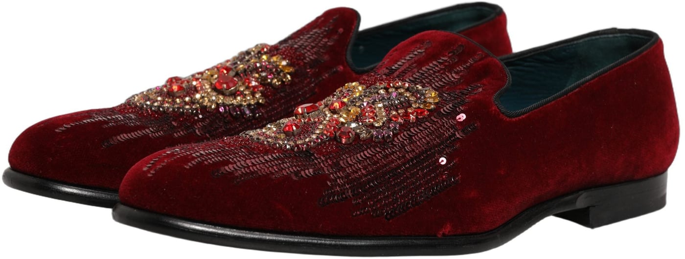 Dolce & Gabbana Maroon Sequin Gemstone Dress Loafers Shoes
