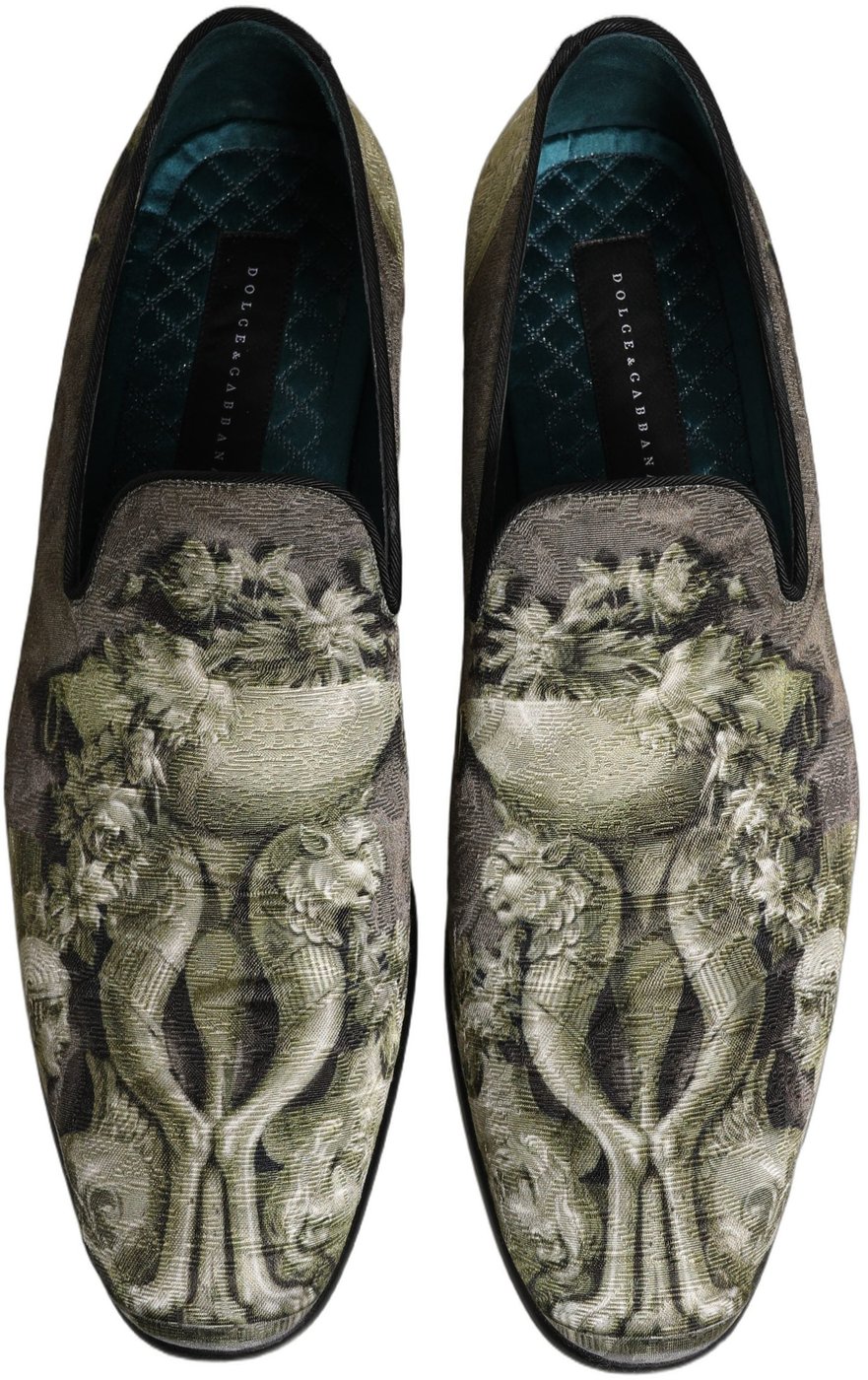Dolce & Gabbana Brown Baroque Print Slip On Loafers Shoes