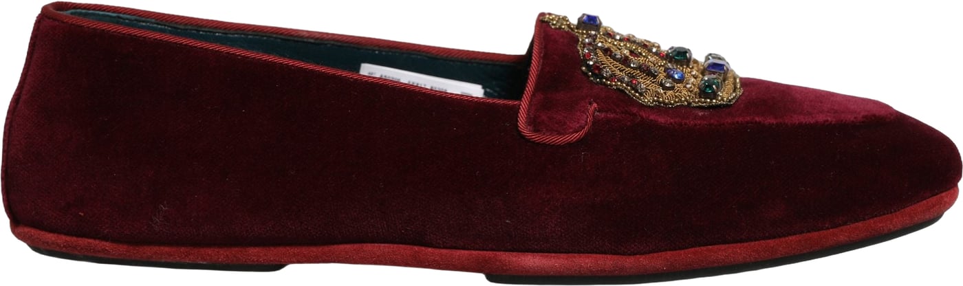 Dolce & Gabbana Burgundy Velvet Crown Slip On Loafers Shoes