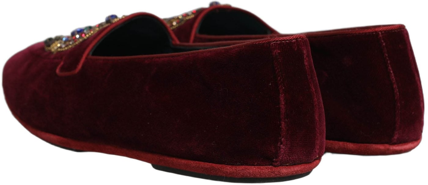 Dolce & Gabbana Burgundy Velvet Crown Slip On Loafers Shoes