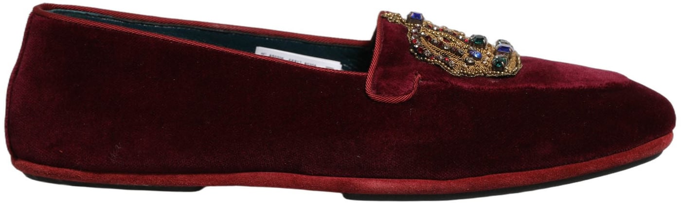 Dolce & Gabbana Burgundy Velvet Crown Slip On Loafers Shoes