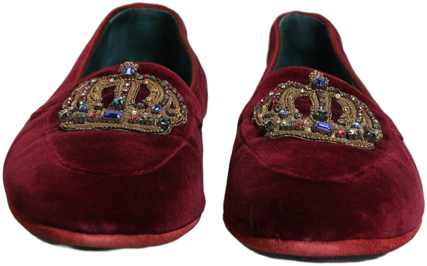 Dolce & Gabbana Burgundy Velvet Crown Slip On Loafers Shoes