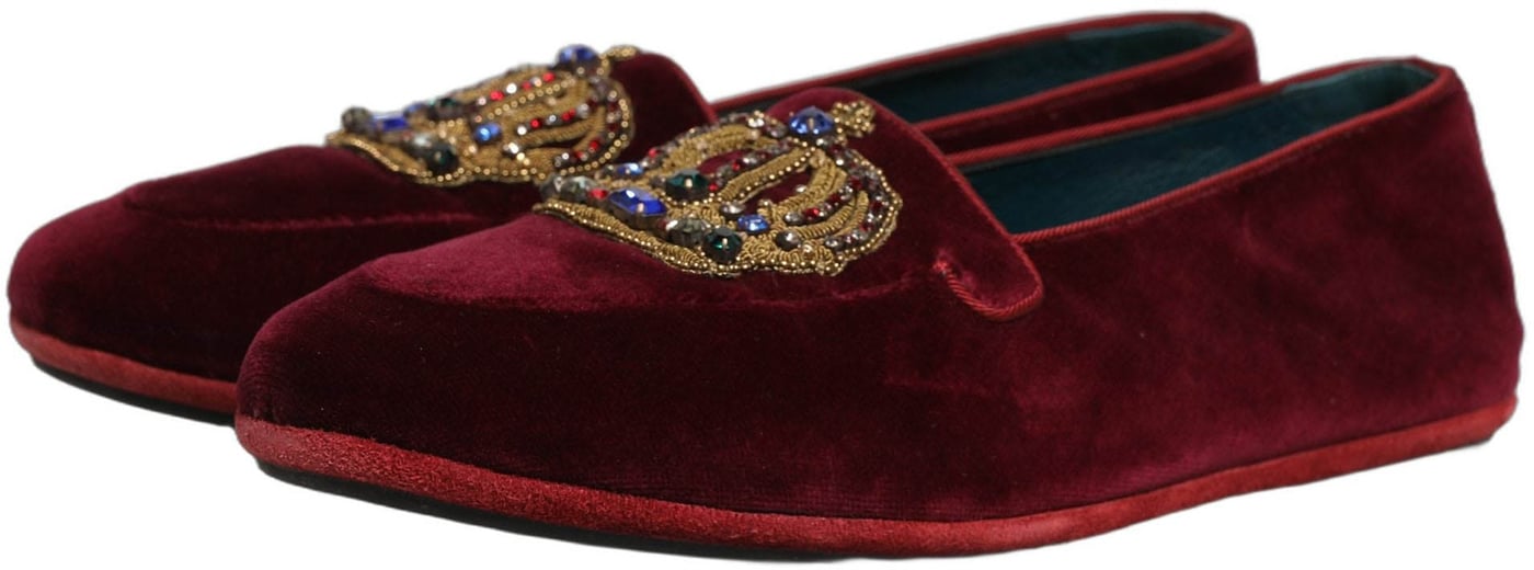 Dolce & Gabbana Burgundy Velvet Crown Slip On Loafers Shoes