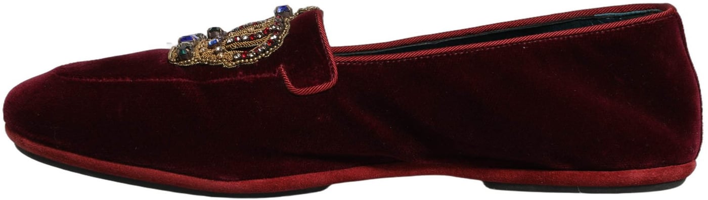 Dolce & Gabbana Burgundy Velvet Crown Slip On Loafers Shoes