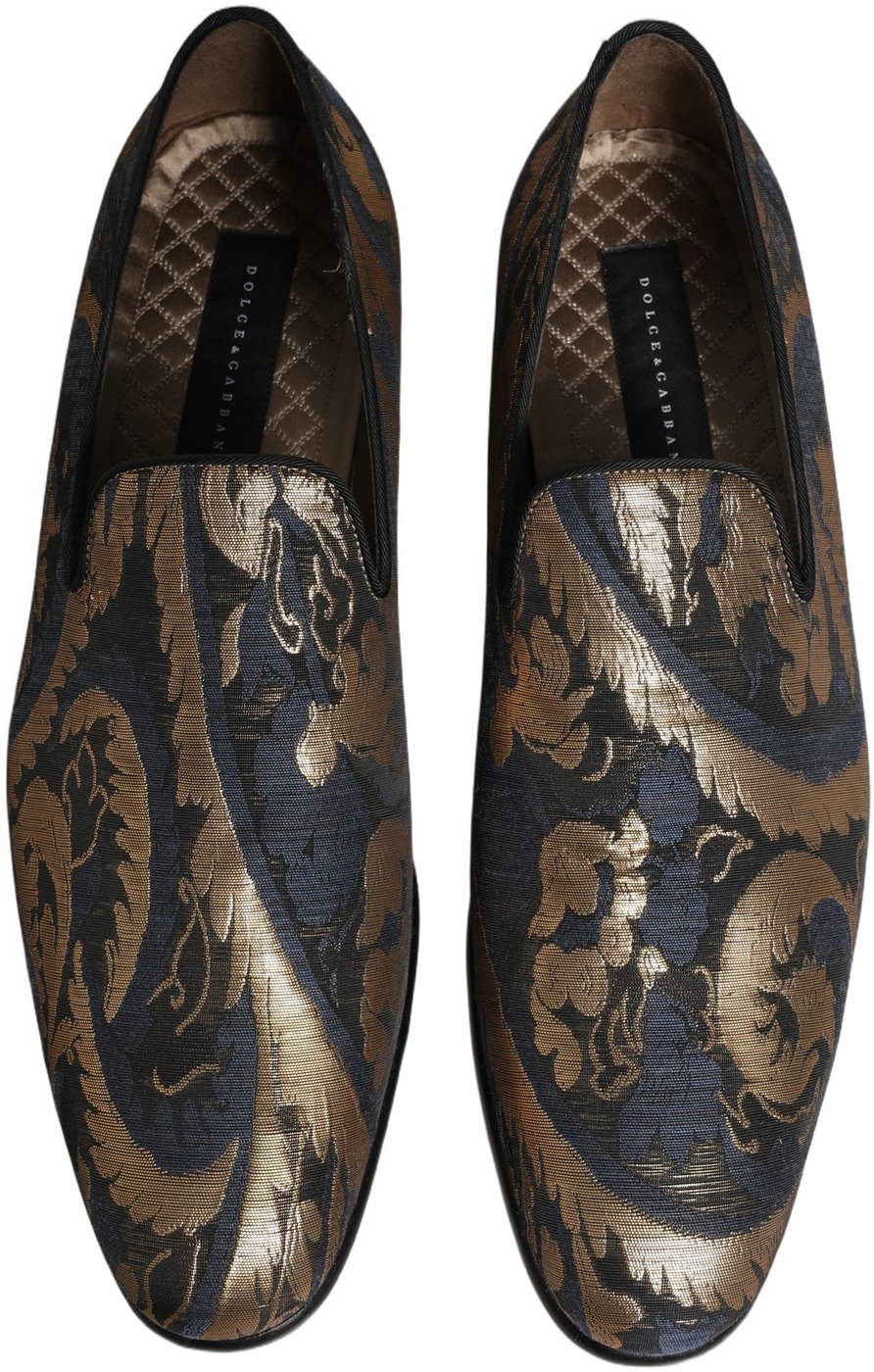 Dolce & Gabbana Blue Brocade Slip On Men Dress Loafers Shoes