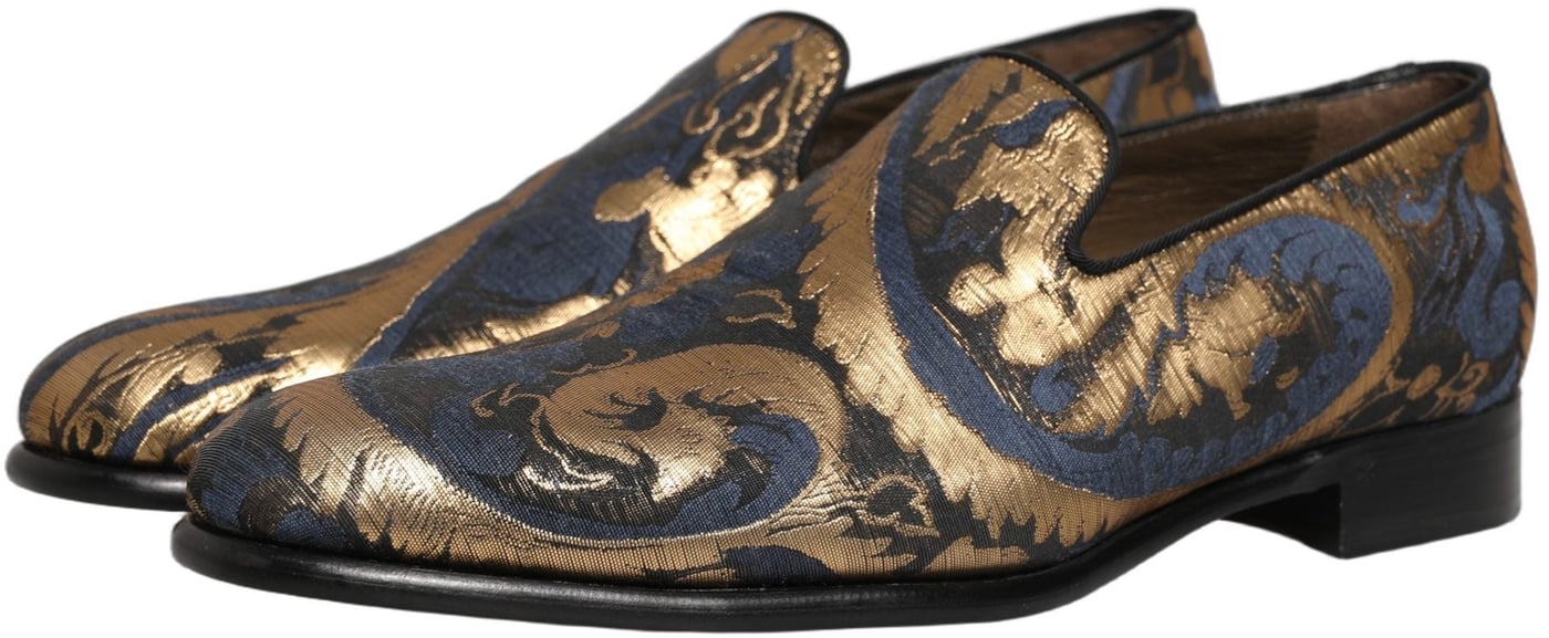 Dolce & Gabbana Blue Brocade Slip On Men Dress Loafers Shoes