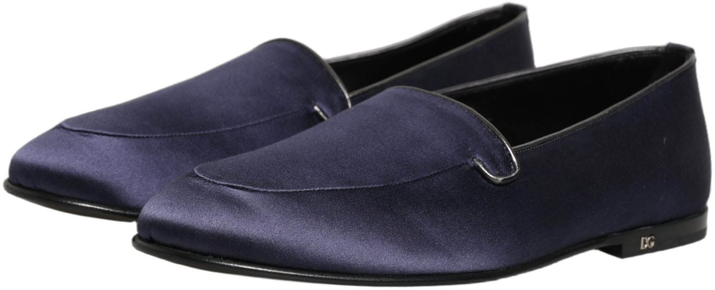 Dolce & Gabbana Blue Satin Logo Slip On Flats Loafers Shoes