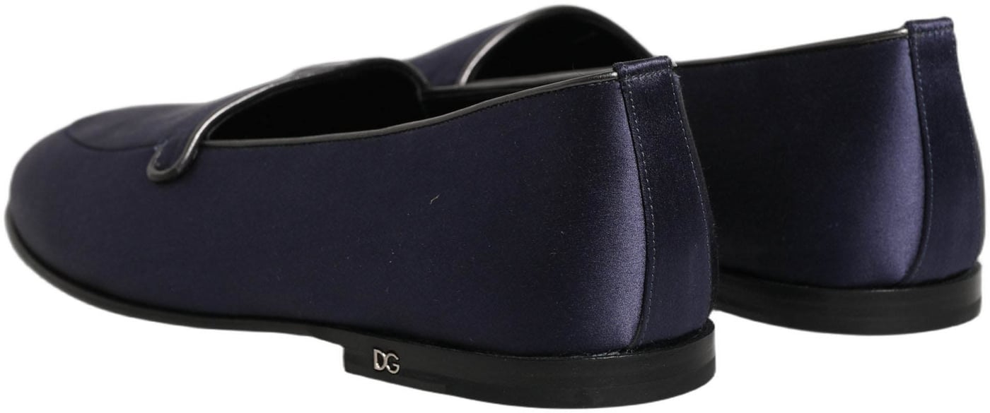 Dolce & Gabbana Blue Satin Logo Slip On Flats Loafers Shoes
