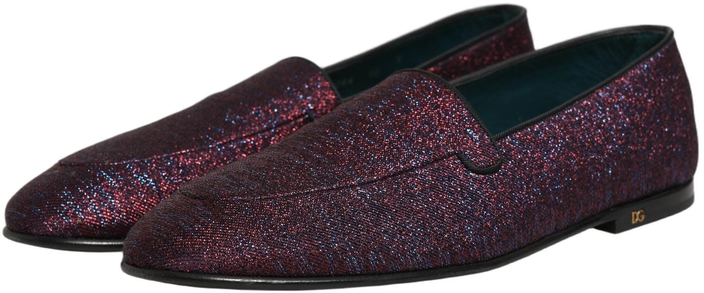 Dolce & Gabbana Maroon Glitter Lurex Logo Dress Loafers Shoes