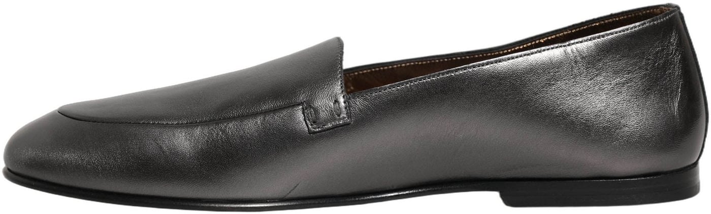 Dolce & Gabbana Silver Leather DG Logo Slip On Loafers Shoes