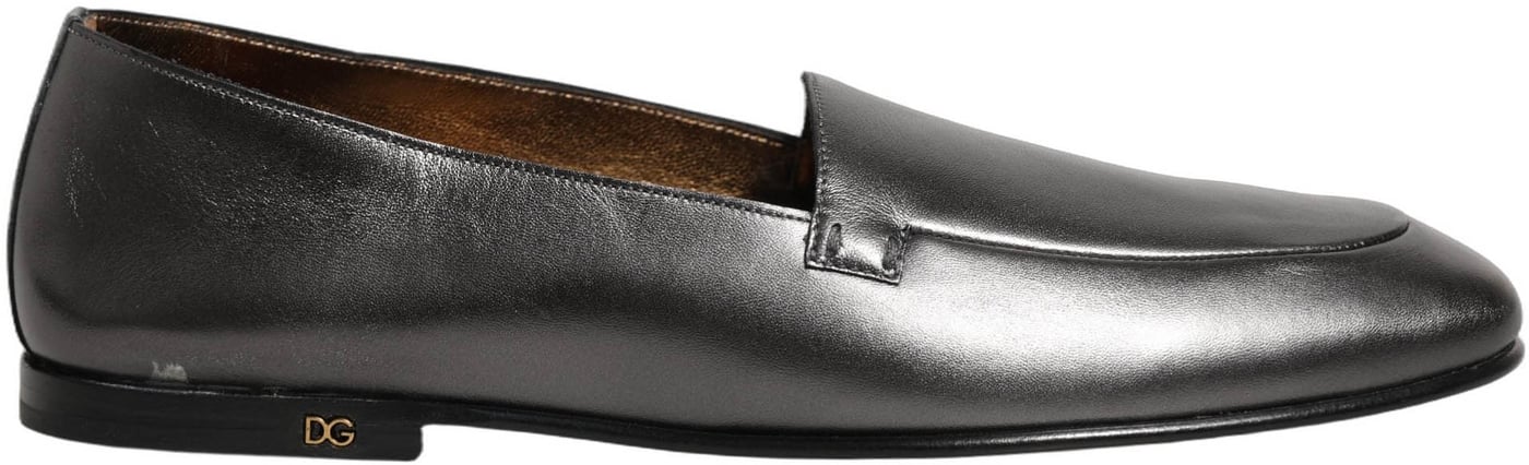 Dolce & Gabbana Silver Leather DG Logo Slip On Loafers Shoes