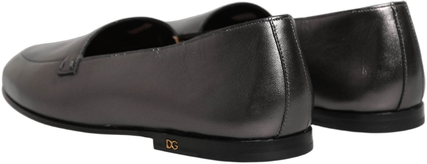 Dolce & Gabbana Silver Leather DG Logo Slip On Loafers Shoes