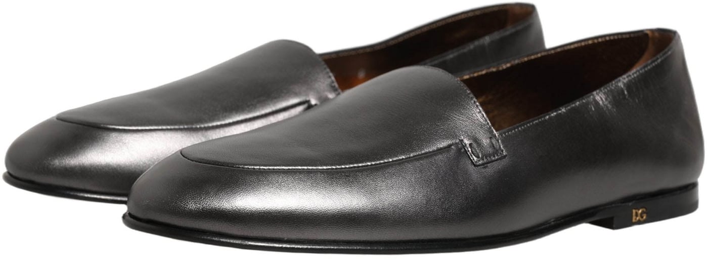 Dolce & Gabbana Silver Leather DG Logo Slip On Loafers Shoes