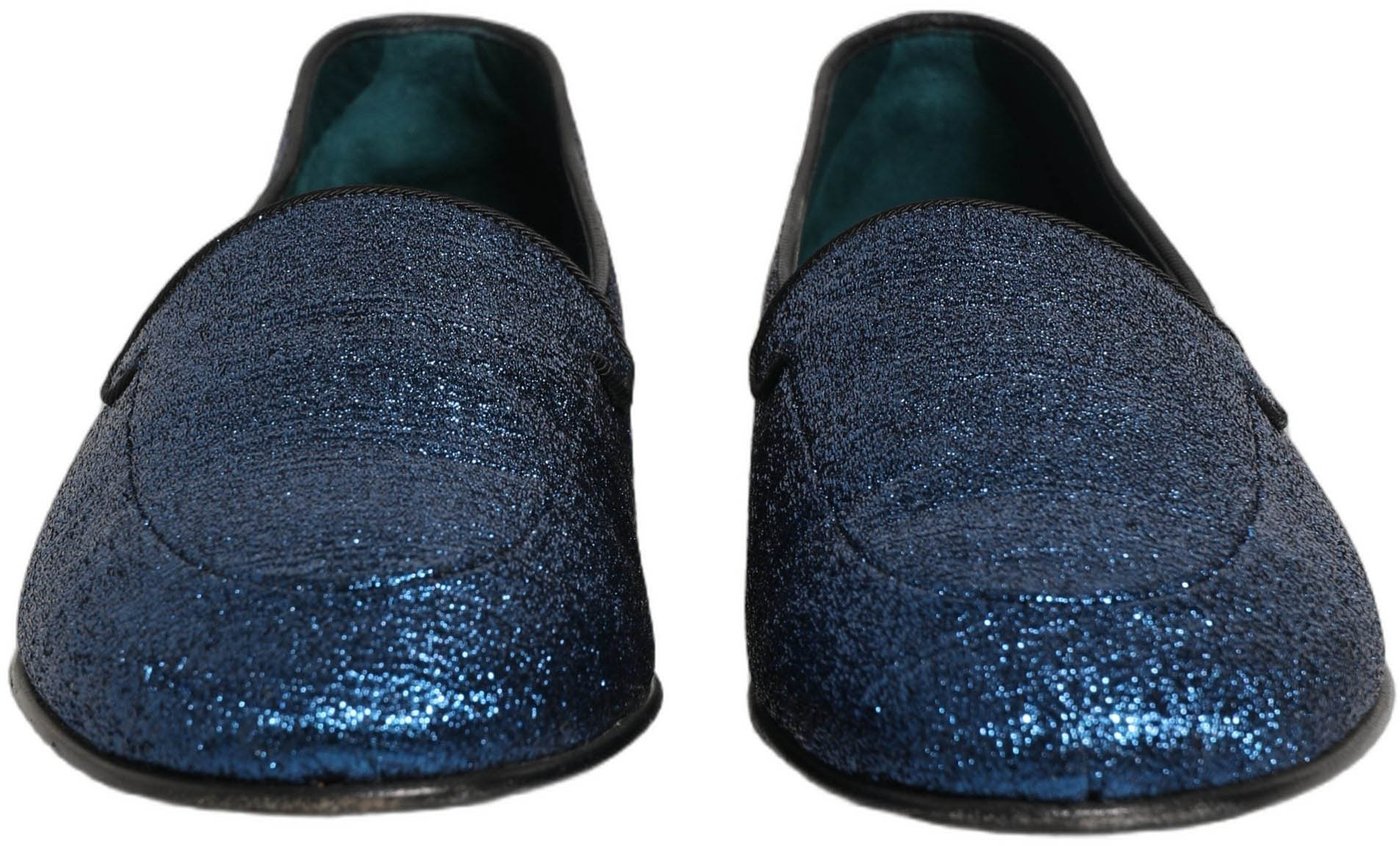 Dolce & Gabbana Blue Glitter Lurex DG Logo Dress Loafers Shoes