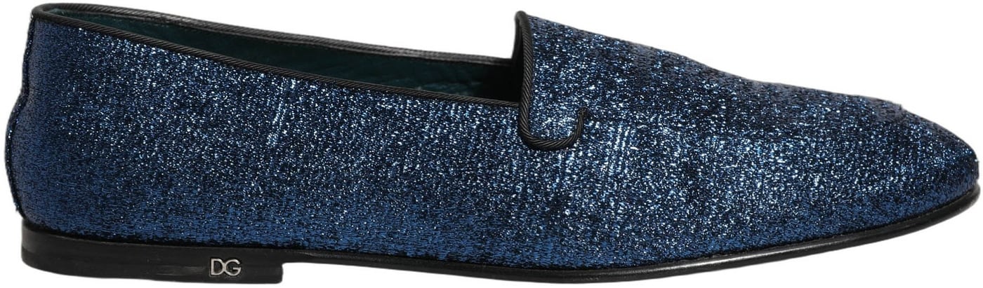 Dolce & Gabbana Blue Glitter Lurex DG Logo Dress Loafers Shoes