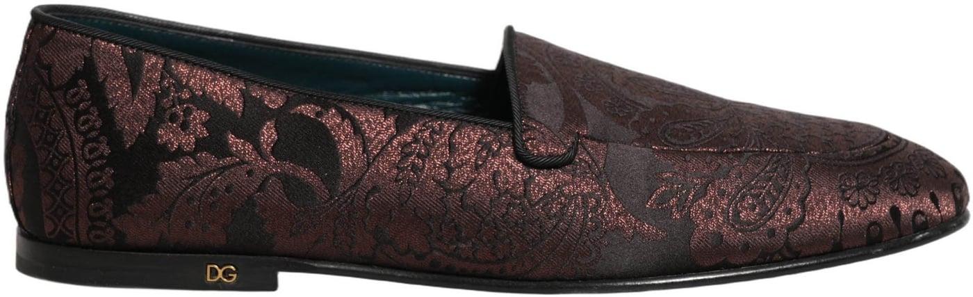 Dolce & Gabbana Maroon Jacquard Leather Slip On Loafers Shoes