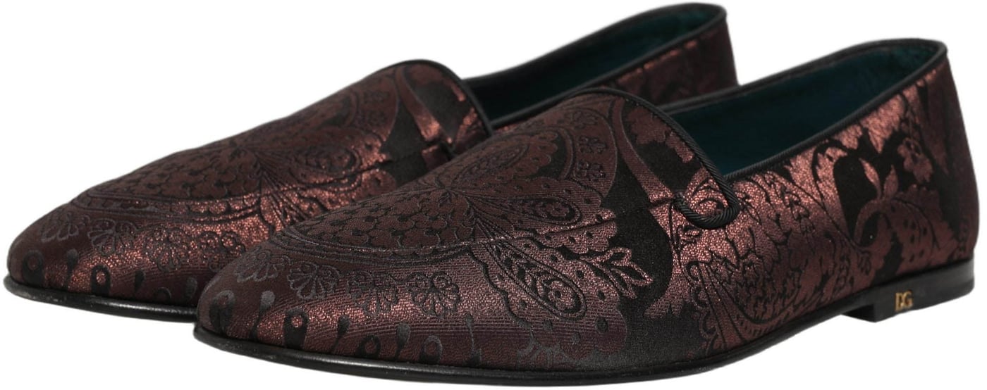 Dolce & Gabbana Maroon Jacquard Leather Slip On Loafers Shoes
