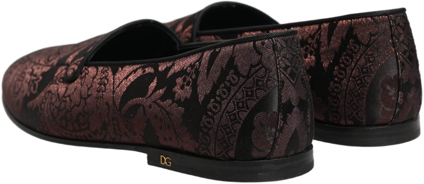 Dolce & Gabbana Maroon Jacquard Leather Slip On Loafers Shoes