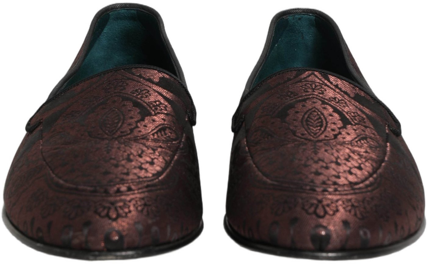 Dolce & Gabbana Maroon Jacquard Leather Slip On Loafers Shoes
