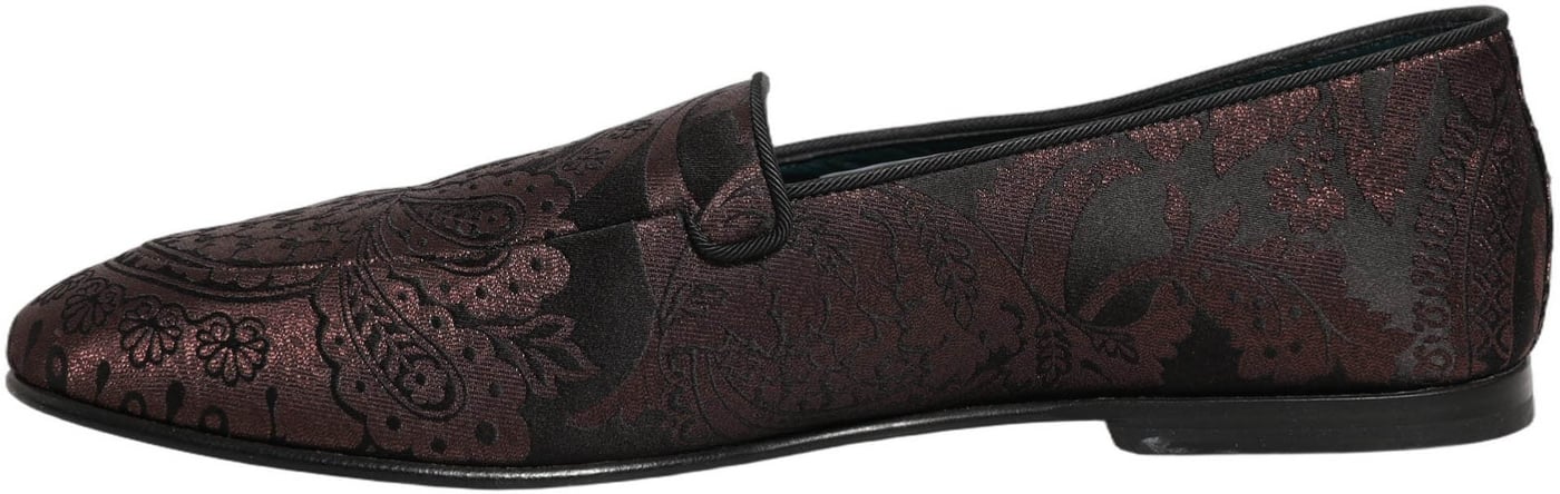 Dolce & Gabbana Maroon Jacquard Leather Slip On Loafers Shoes