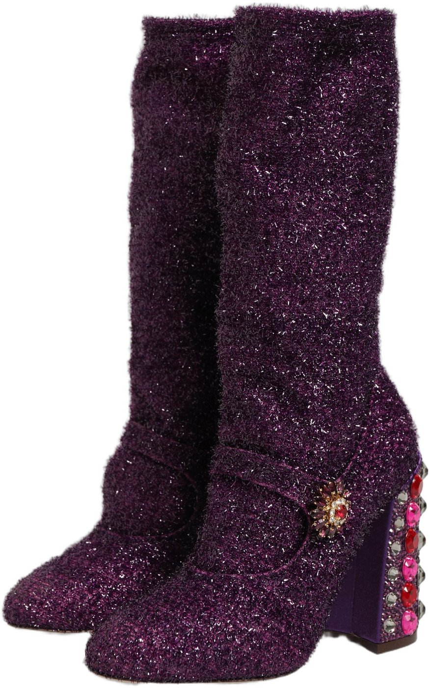 Dolce & Gabbana Purple Crystal Lurex Fantasy High Boots Shoes