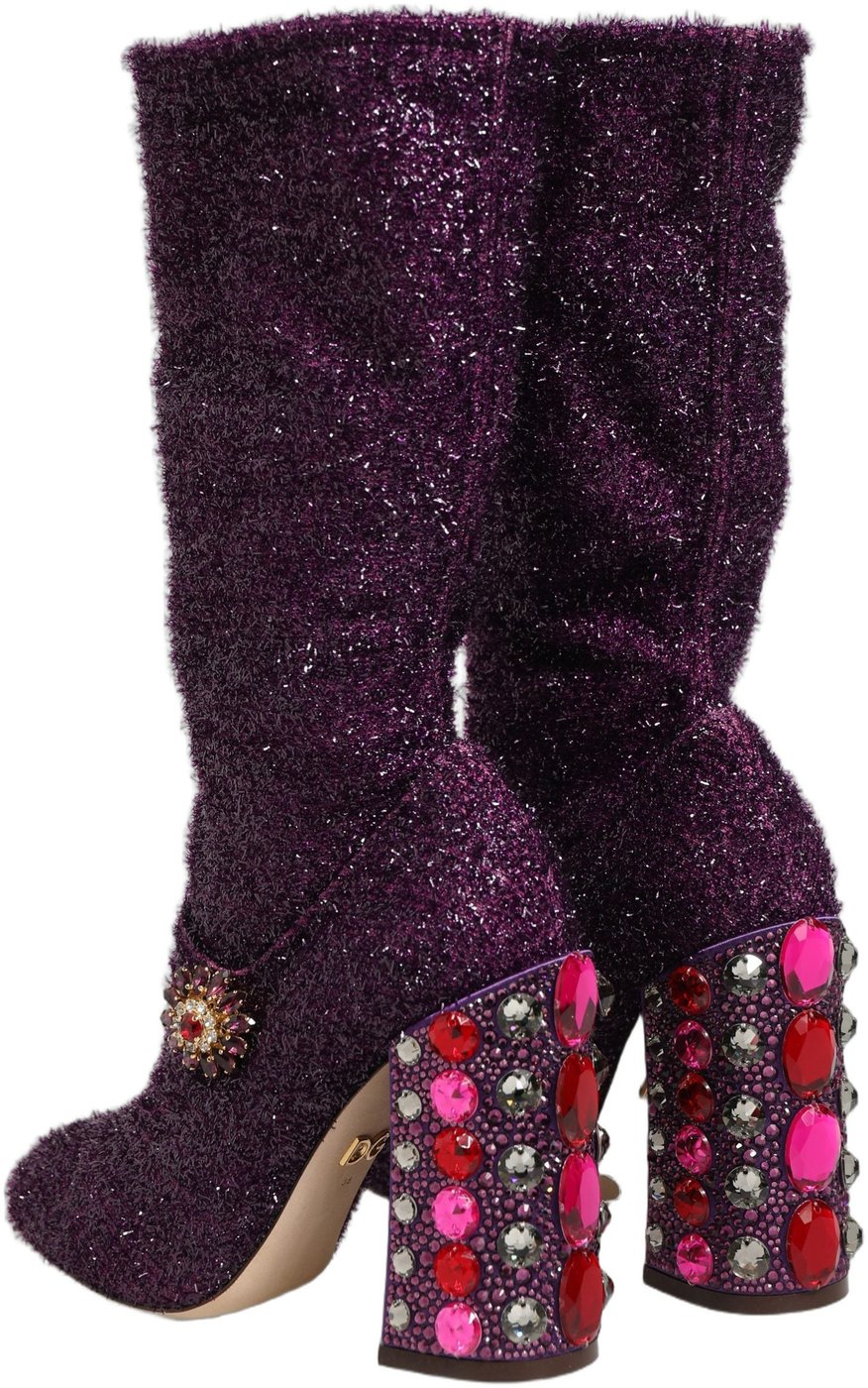 Dolce & Gabbana Purple Crystal Lurex Fantasy High Boots Shoes