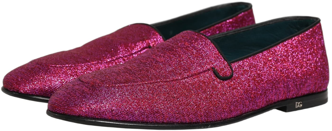Dolce & Gabbana Pink Glitter Lurex Logo Dress Loafers Shoes