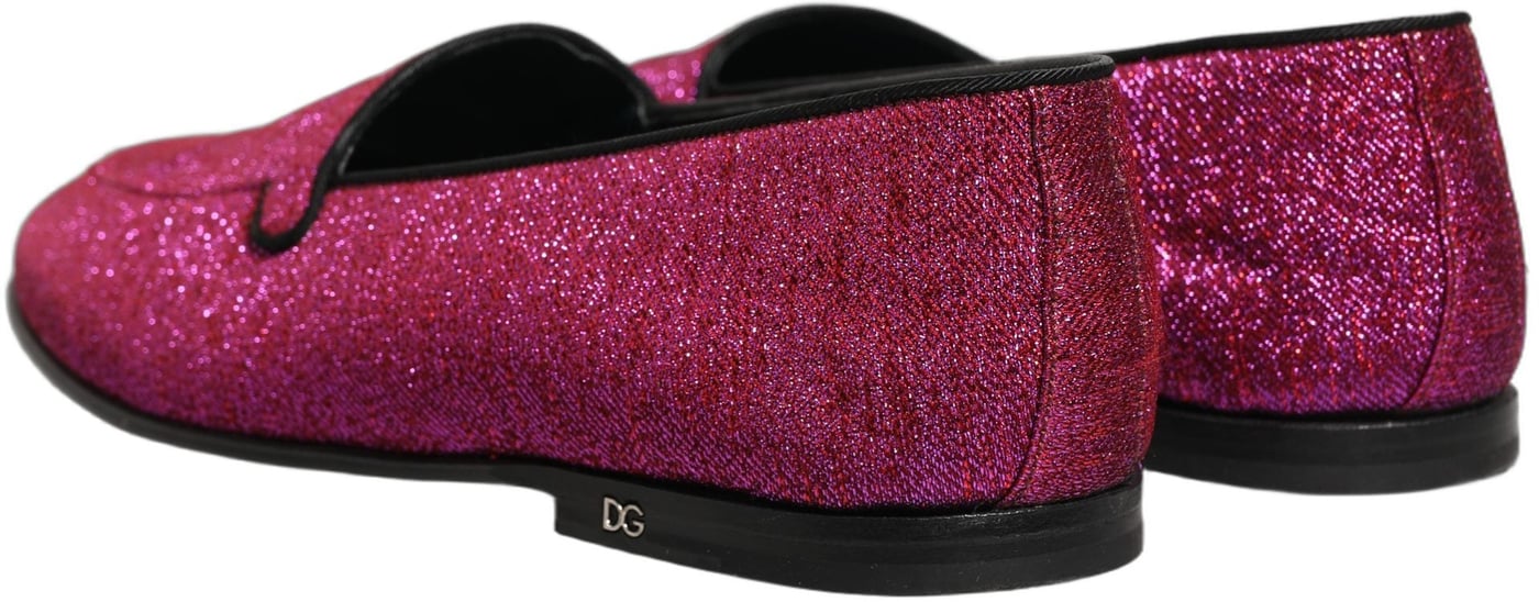 Dolce & Gabbana Pink Glitter Lurex Logo Dress Loafers Shoes