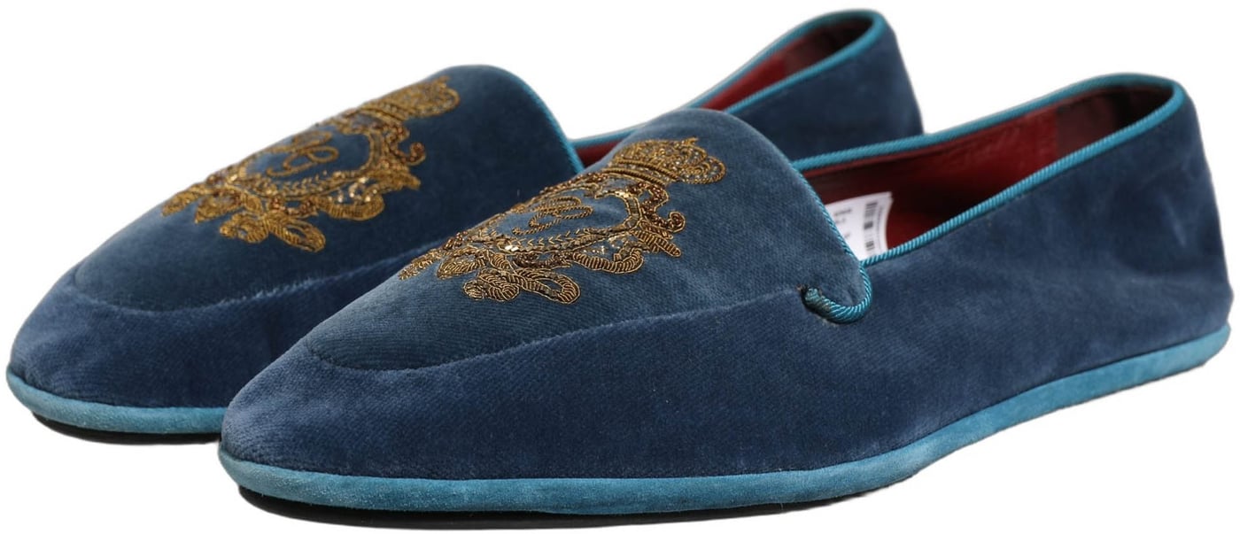 Dolce & Gabbana Blue Velvet Crown Embroidery Loafers Shoes