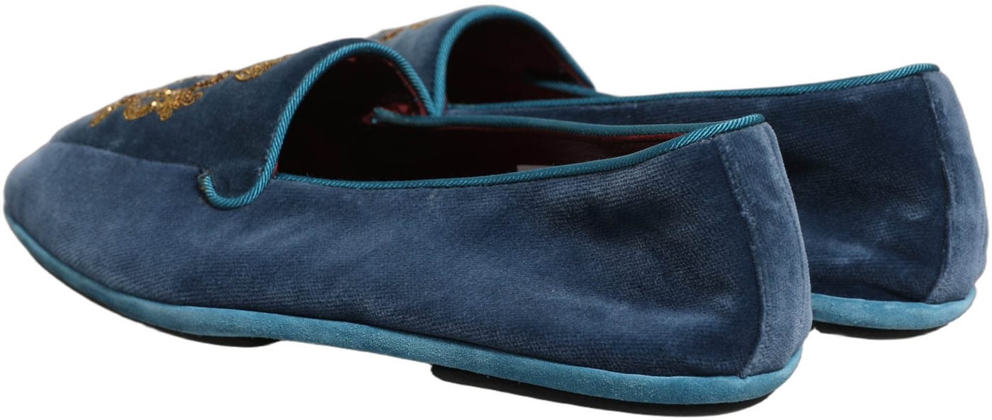 Dolce & Gabbana Blue Velvet Crown Embroidery Loafers Shoes