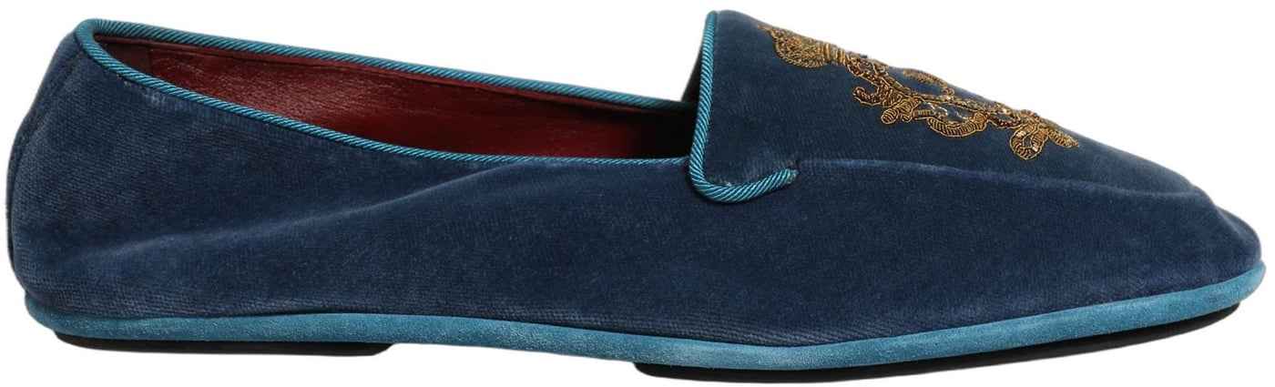 Dolce & Gabbana Blue Velvet Crown Embroidery Loafers Shoes