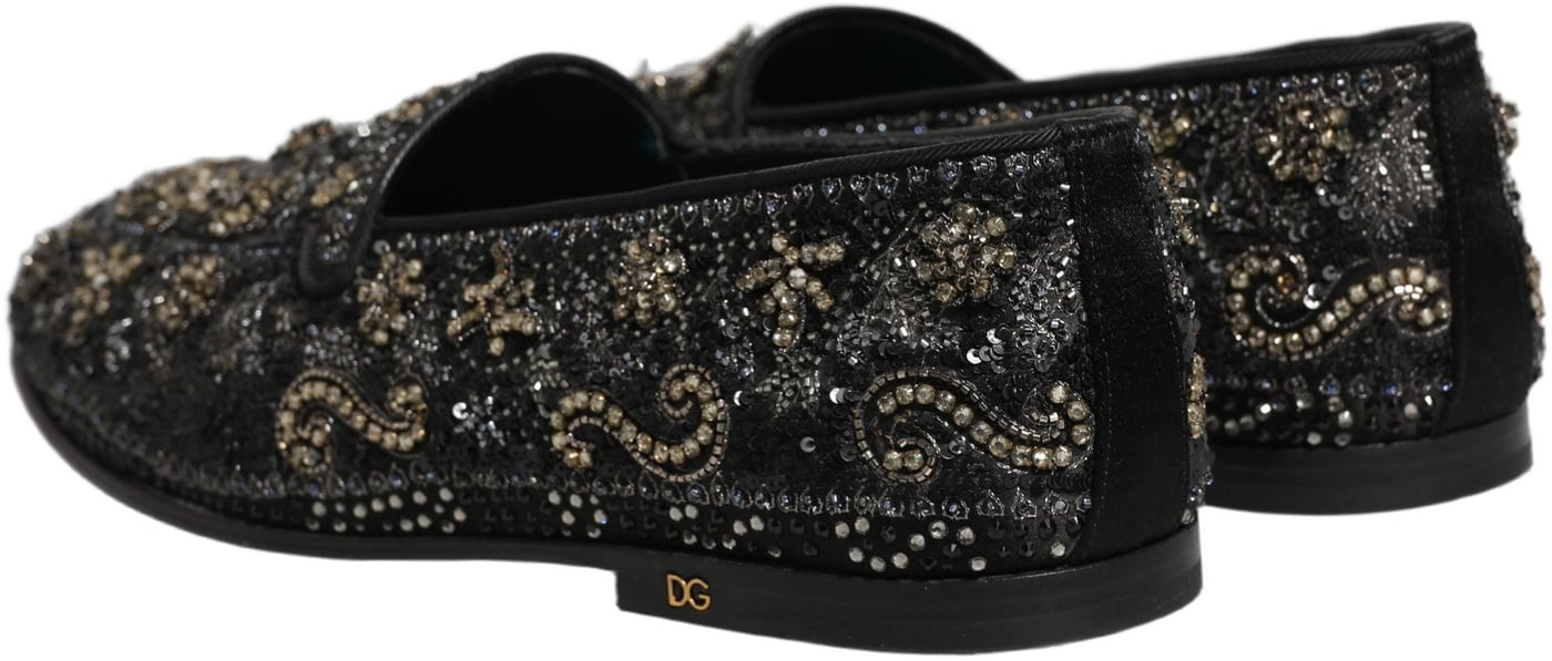 Dolce & Gabbana Black Rhinestone Embellished Loafers Shoes