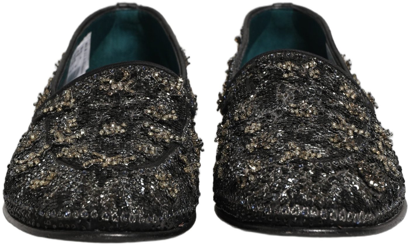 Dolce & Gabbana Black Rhinestone Embellished Loafers Shoes