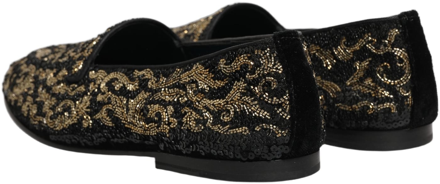 Dolce & Gabbana Black Gold Embellished Dress Loafers Shoes