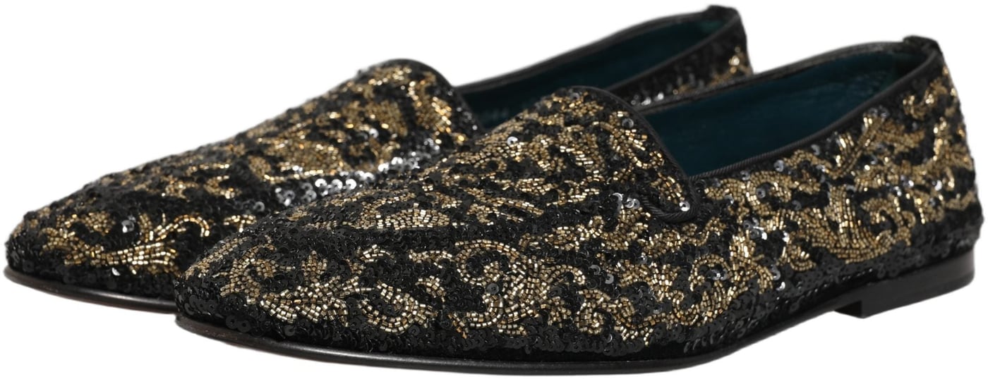 Dolce & Gabbana Black Gold Embellished Dress Loafers Shoes