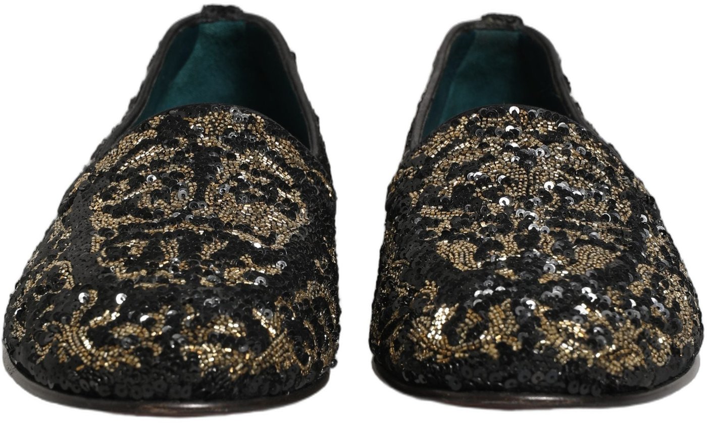 Dolce & Gabbana Black Gold Embellished Dress Loafers Shoes