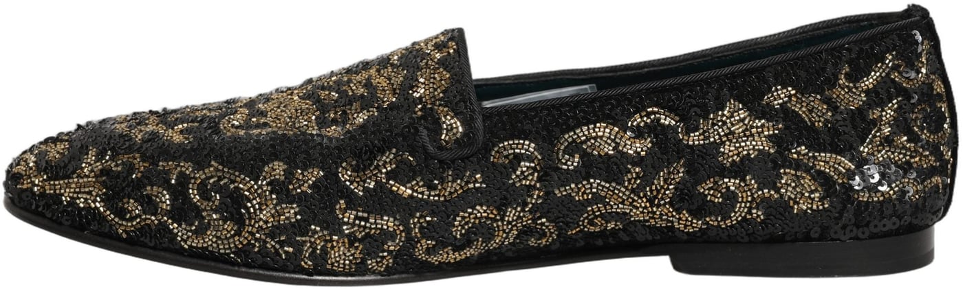 Dolce & Gabbana Black Gold Embellished Dress Loafers Shoes