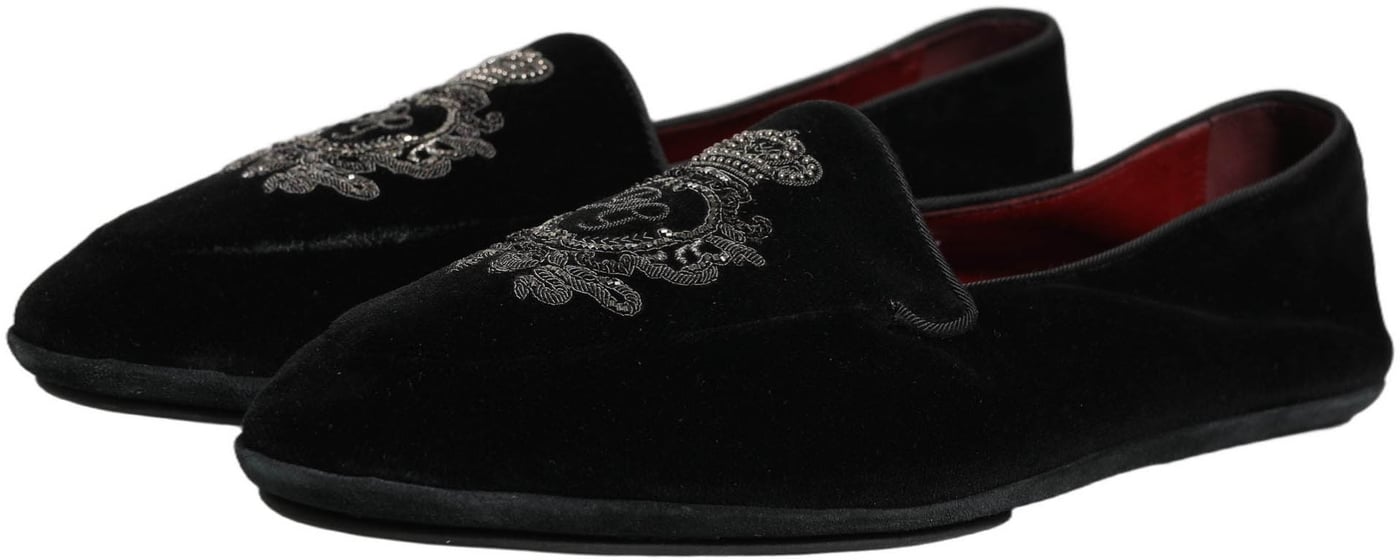 Dolce & Gabbana Black Velvet Crown Embroidery Loafers Shoes