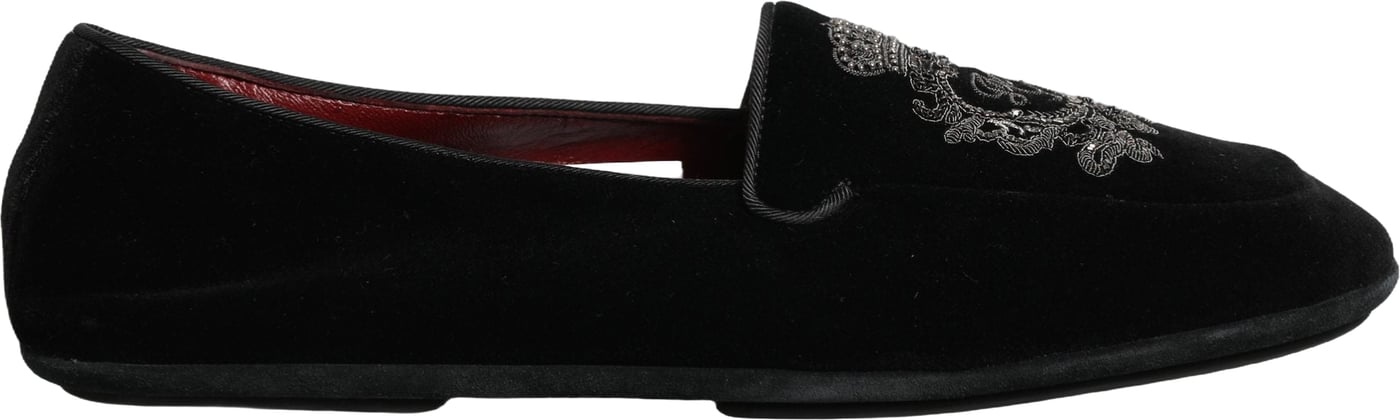 Dolce & Gabbana Black Velvet Crown Embroidery Loafers Shoes