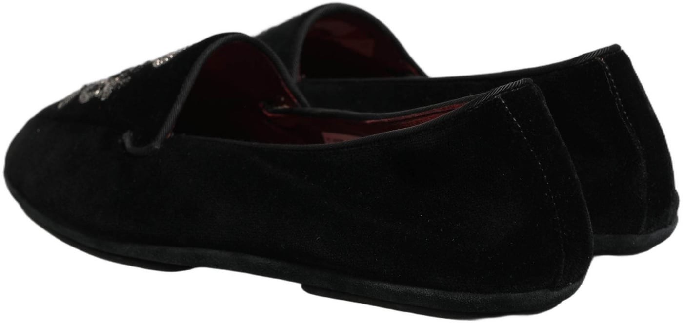 Dolce & Gabbana Black Velvet Crown Embroidery Loafers Shoes