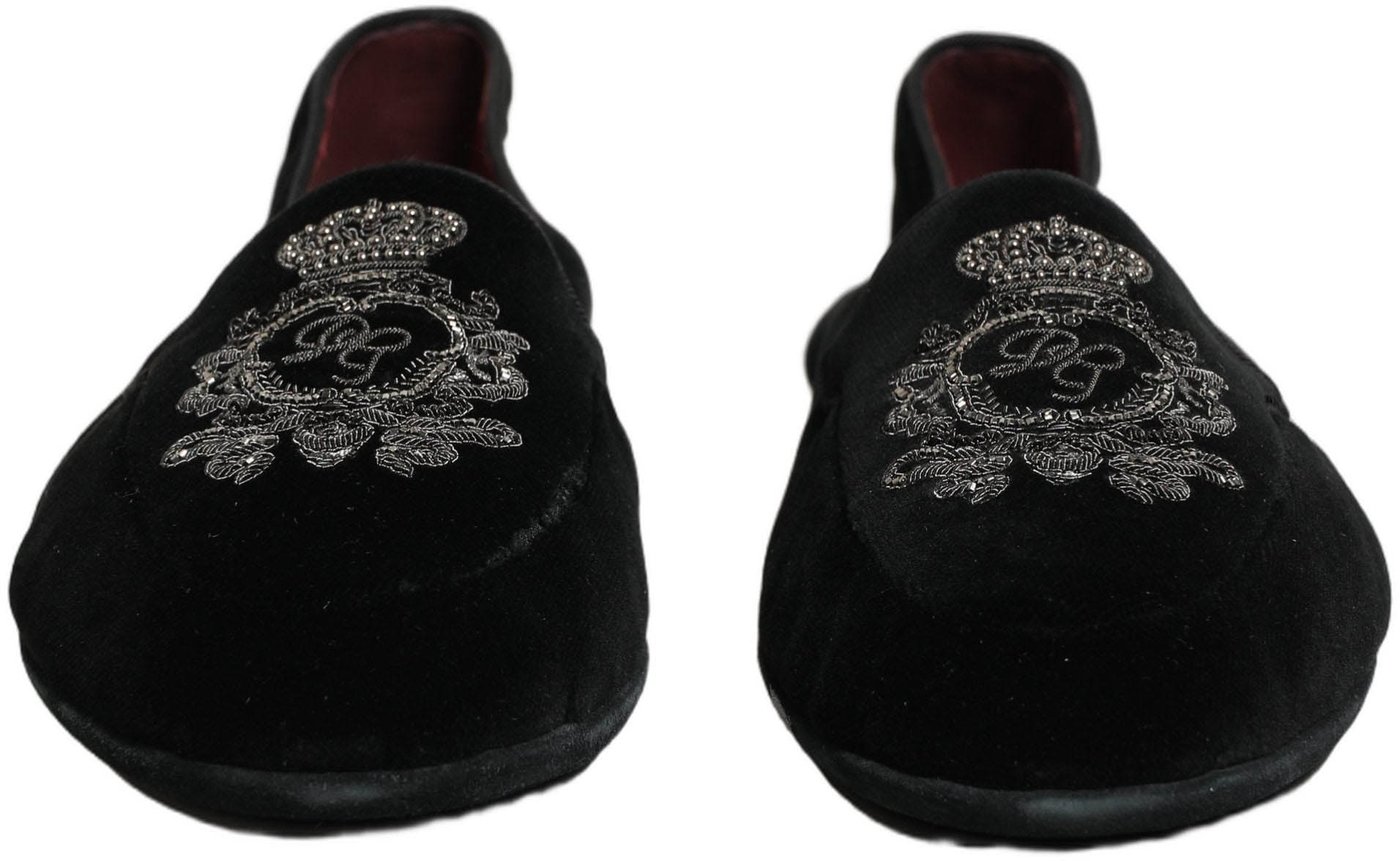 Dolce & Gabbana Black Velvet Crown Embroidery Loafers Shoes