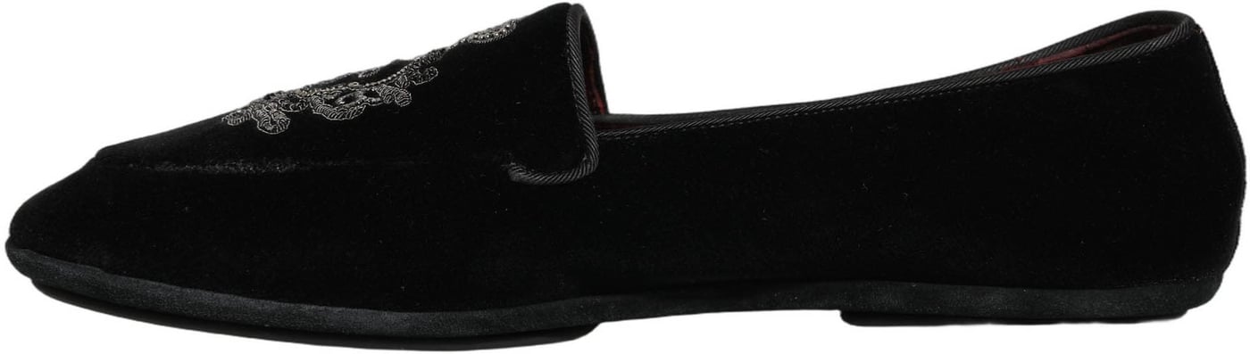Dolce & Gabbana Black Velvet Crown Embroidery Loafers Shoes