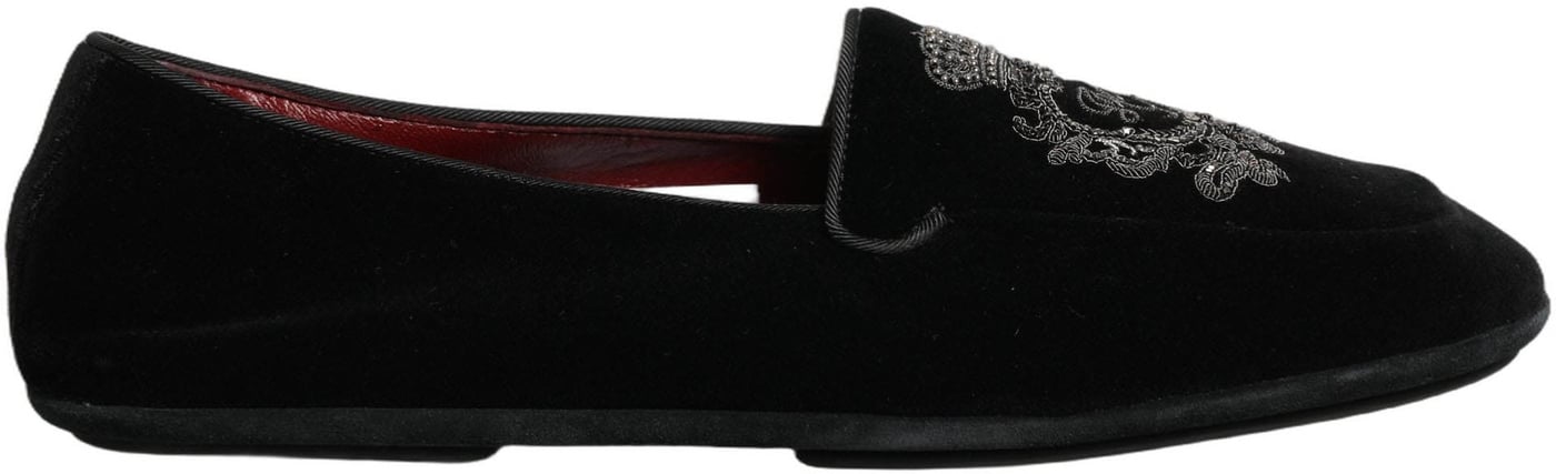 Dolce & Gabbana Black Velvet Crown Embroidery Loafers Shoes