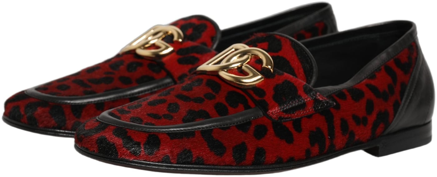 Dolce & Gabbana Red Leopard Print Pony Hair Dress Loafers Shoes
