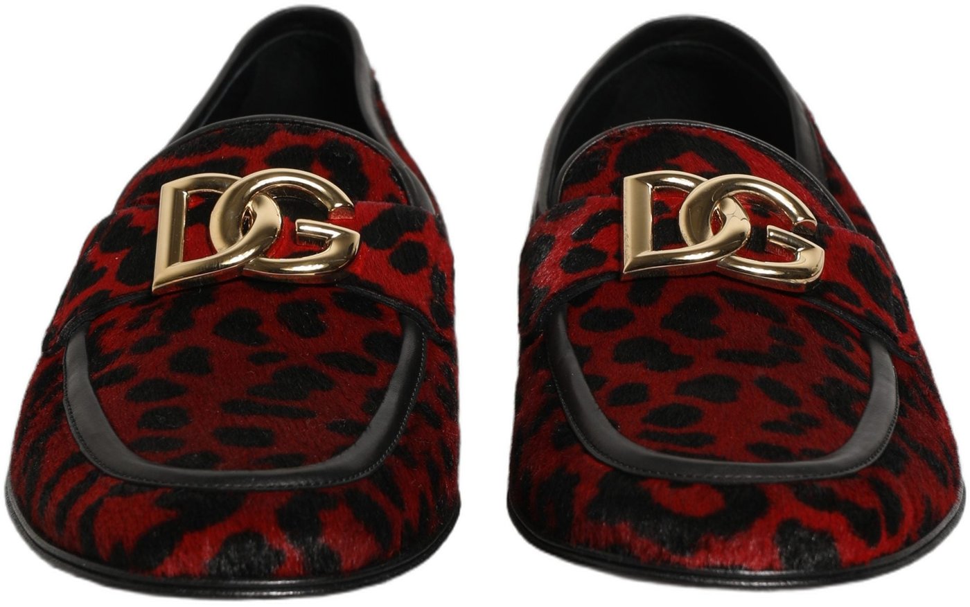 Dolce & Gabbana Red Leopard Print Pony Hair Dress Loafers Shoes