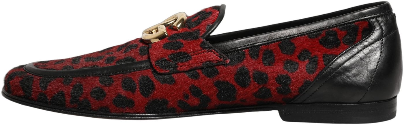 Dolce & Gabbana Red Leopard Print Pony Hair Dress Loafers Shoes