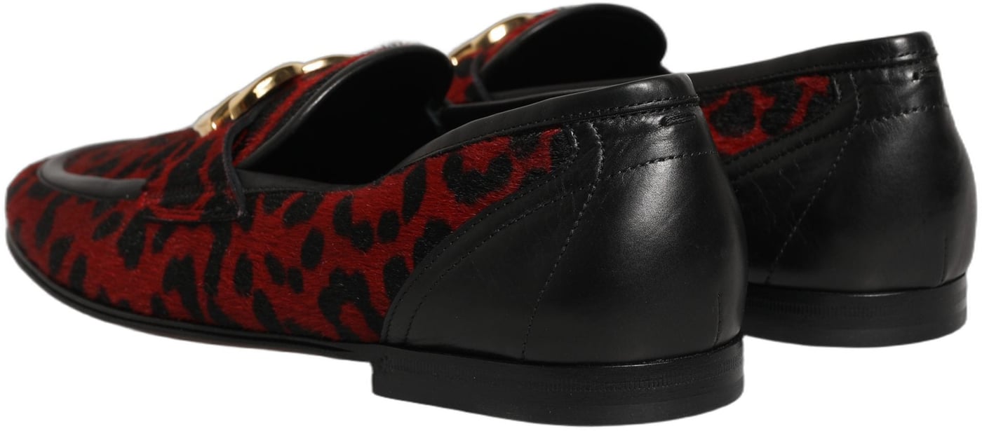 Dolce & Gabbana Red Leopard Print Pony Hair Dress Loafers Shoes