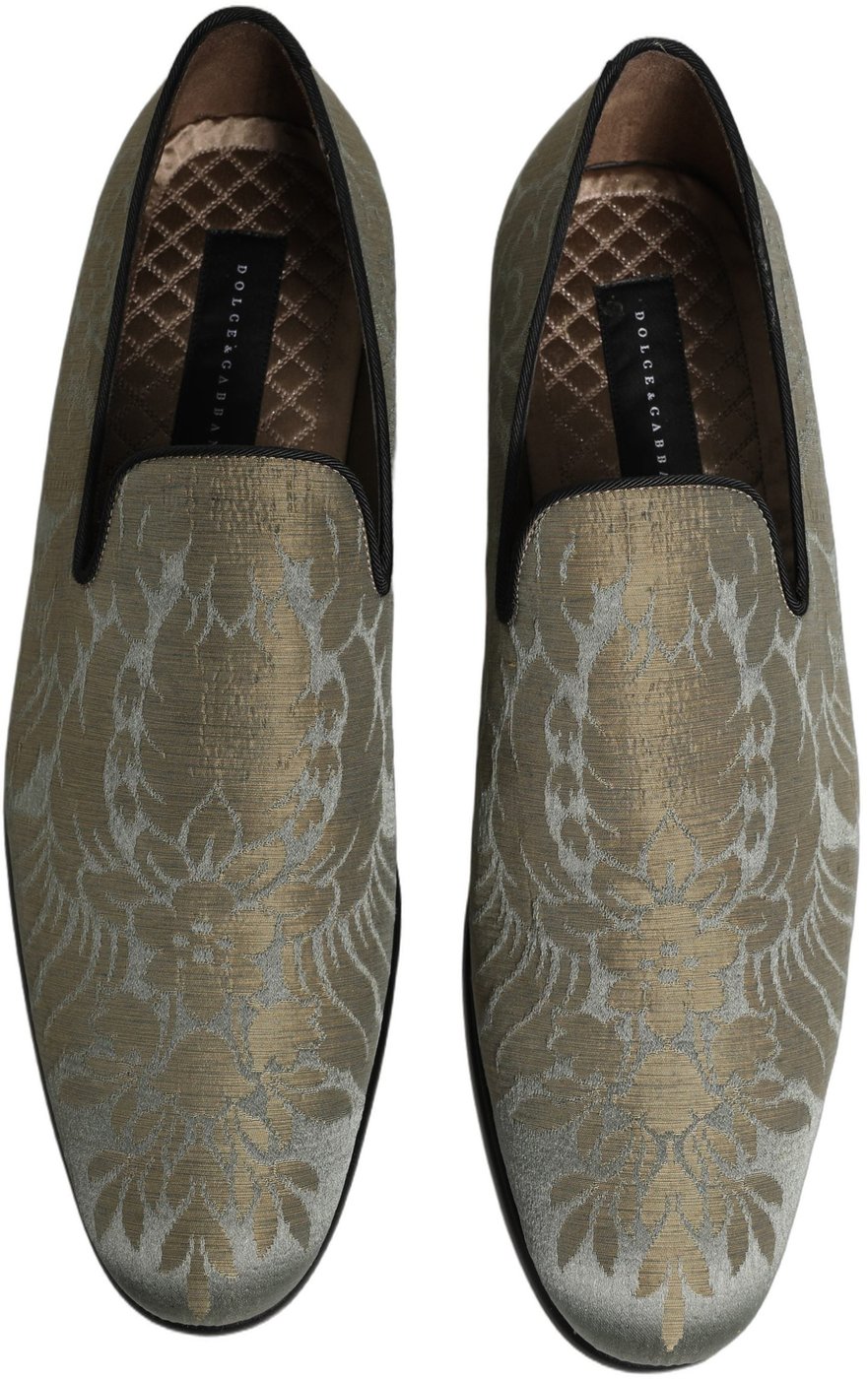 Dolce & Gabbana Gold Floral Jacquard Slip On Loafers Shoes