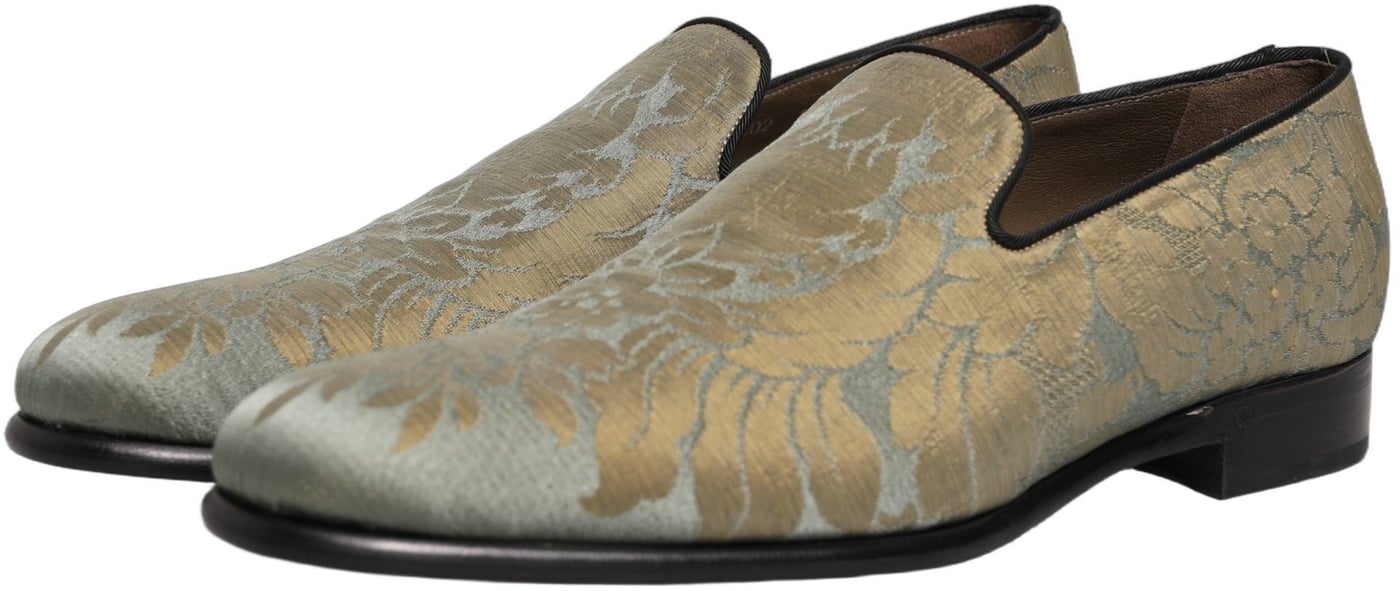 Dolce & Gabbana Gold Floral Jacquard Slip On Loafers Shoes