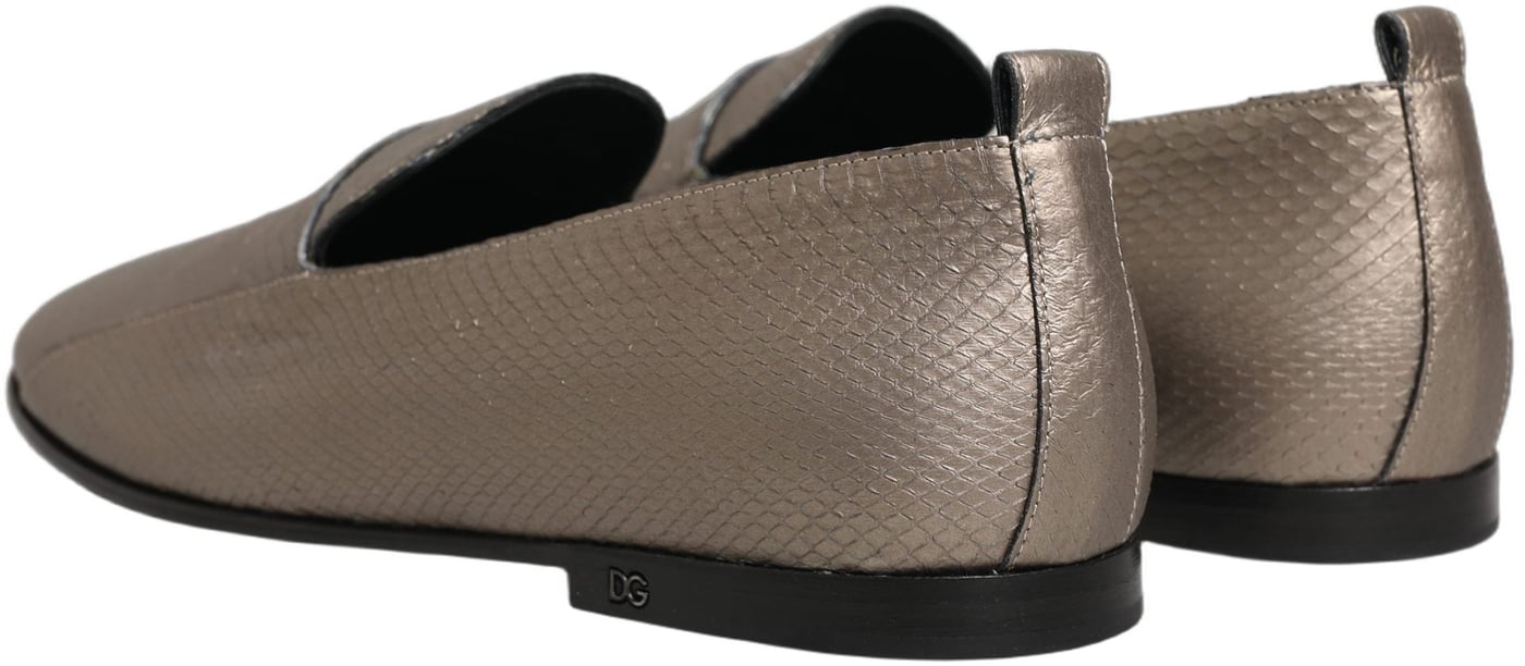Dolce & Gabbana Silver Leather Logo Slip On Loafers Shoes